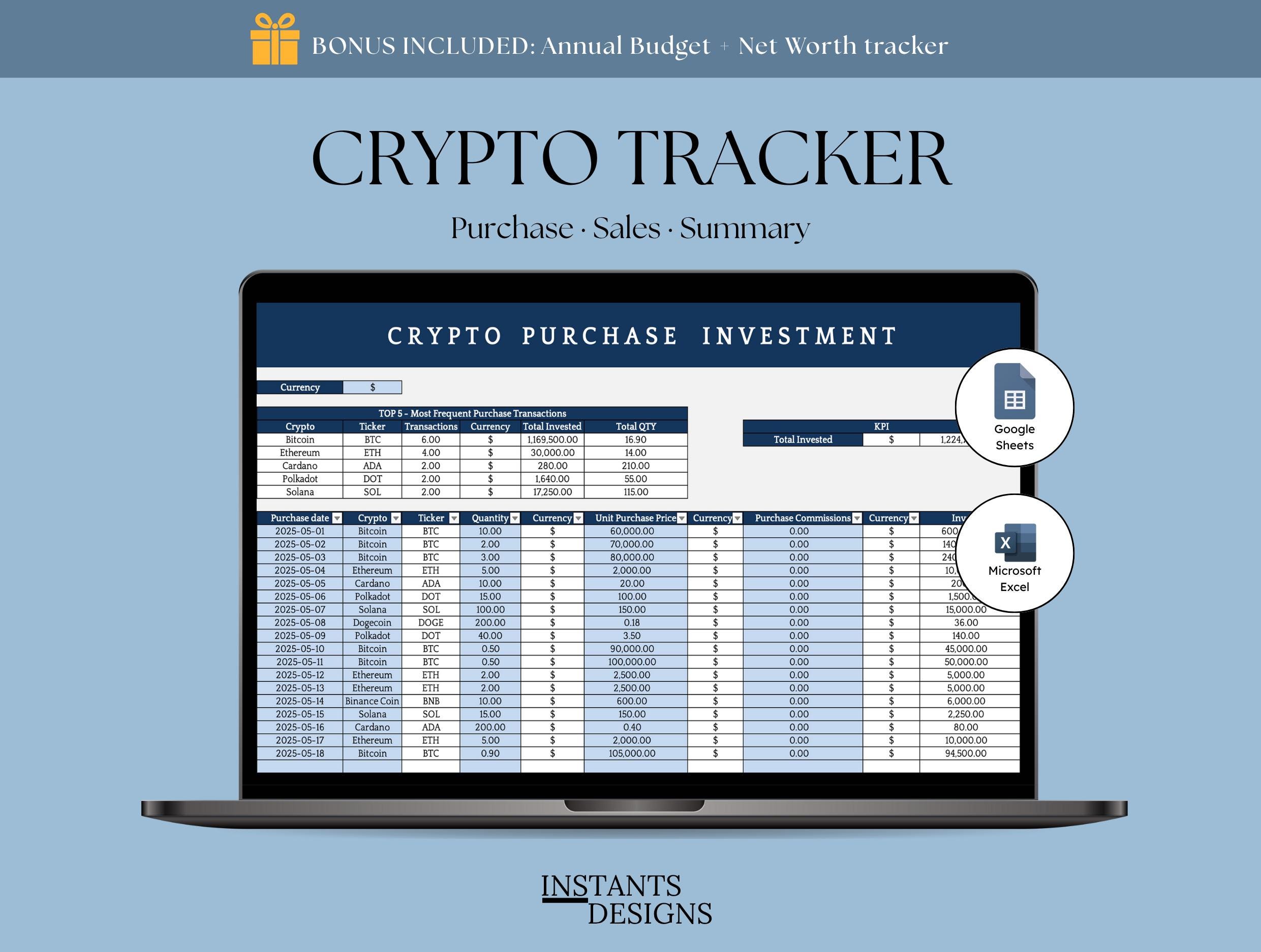 Tracker di criptovalute Fogli Google ed Excel Foglio di calcolo