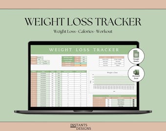 Plantilla para registrar la pérdida de peso en Excel y Google Sheets / Contador de calorías / Planificador de entrenamiento / Fitness / Hoja de cálculo para el registro de ejercicios / Seguimiento de la dieta