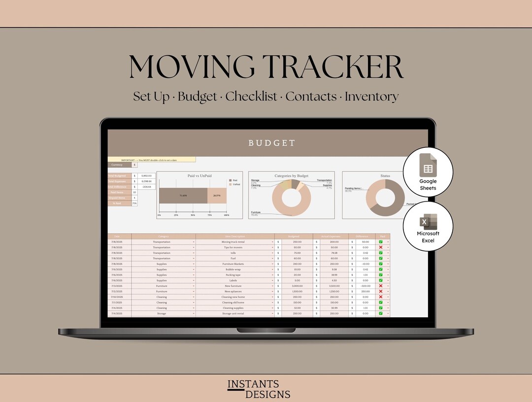 Moving Planner Excel & Google Sheets | Moving Expense Tracker ...