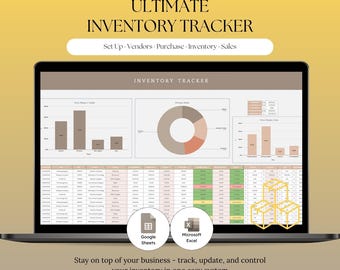 May include: A digital inventory tracker displayed on a laptop screen, featuring charts, graphs, and a spreadsheet interface. The design includes icons for Google Sheets and Microsoft Excel, with text reading Ultimate Inventory Tracker and Instants Designs.