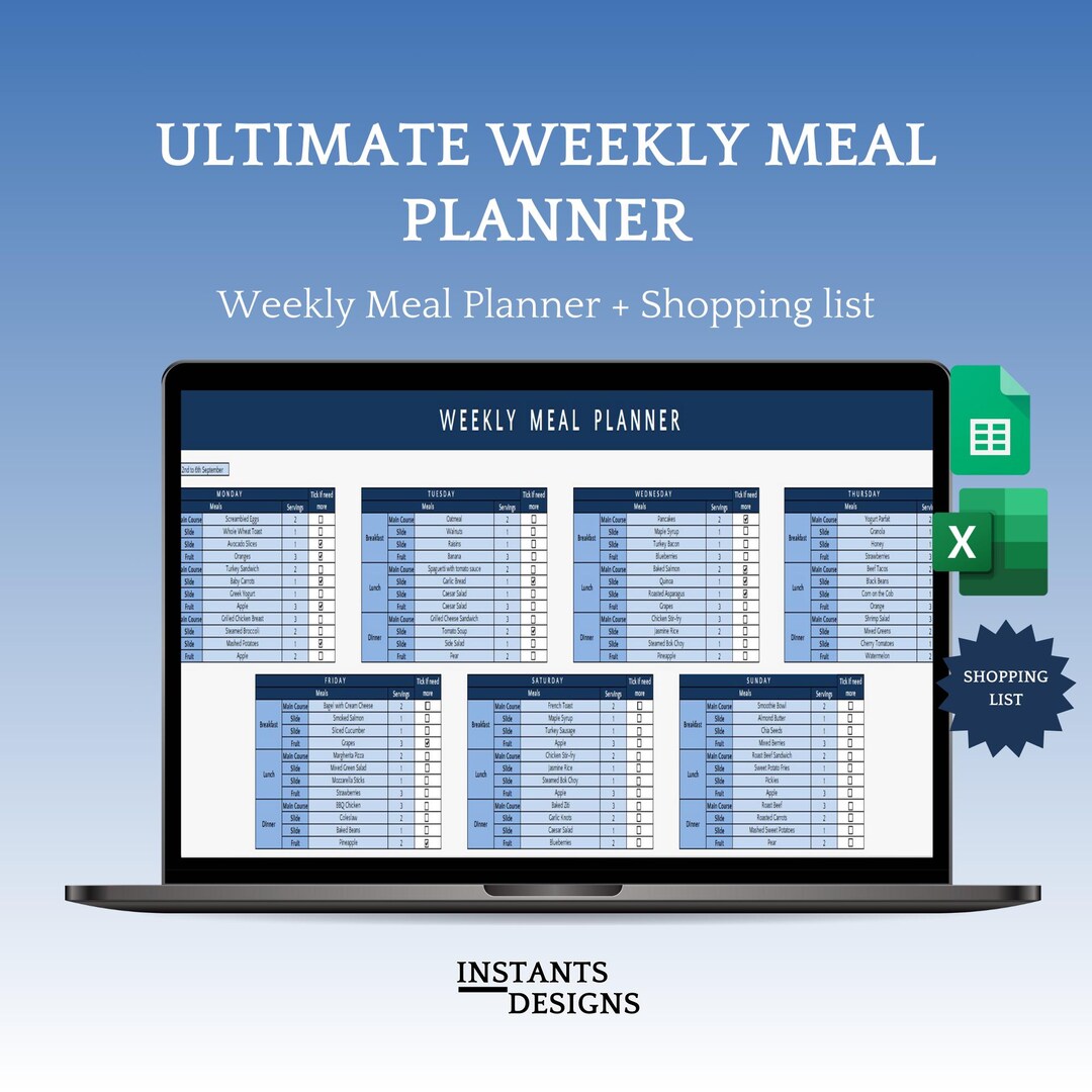 Meal Planner and Grocery List Template for Excel & Google Sheets | Plan ...