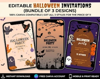 Editable Halloween Party Invitations Bundle, 3 Canva Templates (Digital Download)