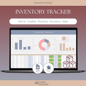 Rastreador de inventario, hoja de cálculo Excel Google Sheets Rastreador de existencias Lista de productos Registro de revendedores Gerente de cadena de suministro Plantilla de almacén