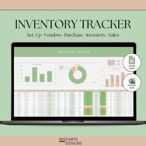 Op de afbeelding: Een digitale voorraadtracker weergegeven op een laptopscherm, met grafieken, diagrammen en een gedetailleerd spreadsheet. De interface bevat de tekst INVENTORY TRACKER, Set Up, Vendors, Purchase, Inventory, Sales en iconen voor Google Sheets en Microsoft Excel.