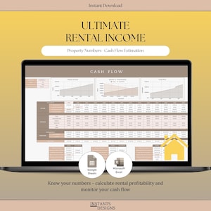 Op de afbeelding: Een laptopscherm toont een digitaal spreadsheet met de titel Ultimate Rental Income, met Property Numbers en Cash Flow Estimation. De interface bevat financiële grafieken, tabellen en iconen voor Google Sheets en Microsoft Excel.