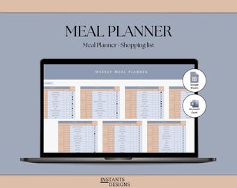 Google Sheets & Excel Meal Planner | Weekly Food Planner Spreadsheet | Automatic Grocery List | Digital Meal Planning Template for Families