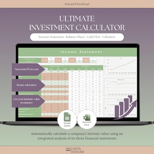 May include: A digital investment calculator template displayed on a laptop screen, featuring an income statement spreadsheet with charts, automated forecast labels, and icons for Google Sheets and Microsoft Excel for financial analysis.