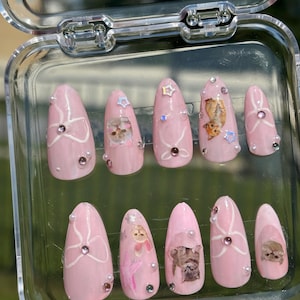 10 pieces  Pink Cat Nails Kitty Nails Cute Nails Girly Nails Press On Nails Reusable Nails