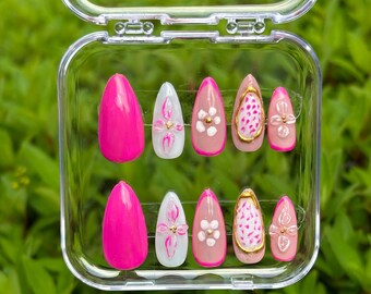 10 piezas de uñas con flores rosas y doradas, uñas lindas, uñas femeninas, uñas postizas, uñas reutilizables, uñas de vacaciones