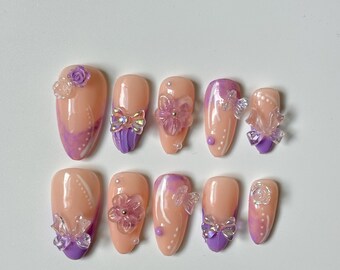 10 piezas de uñas de jardín de hadas hechas a mano, uñas lindas, uñas femeninas, uñas postizas, uñas reutilizables, uñas de vacaciones