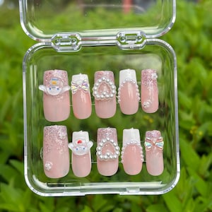 10 pieces Kitty Cinnamon Roll Nails Cute Nails Girly Nails Press On Nails Reusable Nails