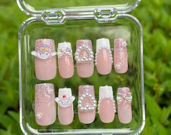 10 pieces Kitty Cinnamon Roll Nails Cute Nails Girly Nails Press On Nails Reusable Nails