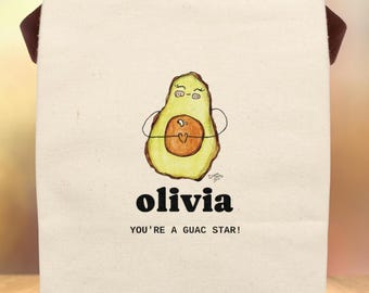 Lonchera infantil personalizada con un bonito aguacate, nombre y mensaje personalizados, bolsa de lona de algodón, bolsa marrón reutilizable personalizada para regalar de vuelta al cole.