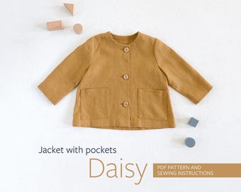 Patrón de costura en PDF para chaqueta, Patrón de chaqueta, Patrón de costura de chaqueta corta en PDF para niña o niño, 3 - 11 años. En inglés