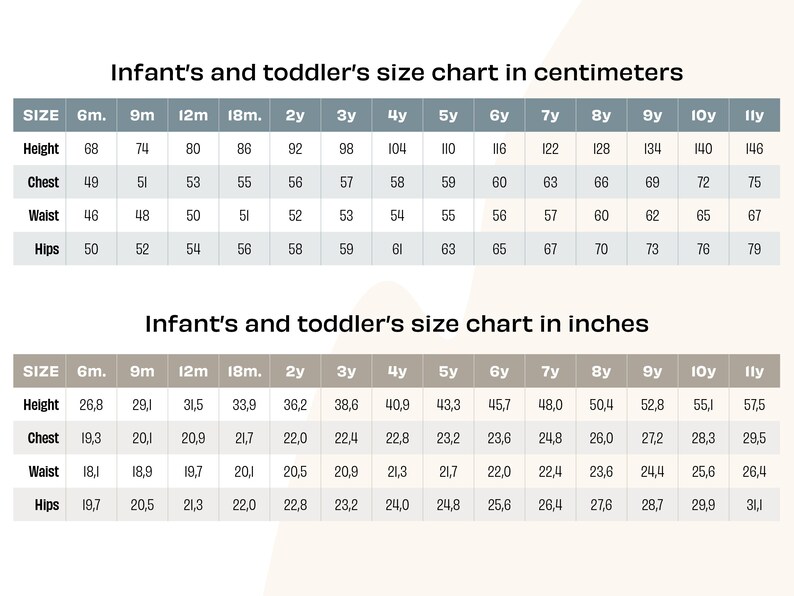 May include: A size chart for infants and toddlers, showing measurements in centimeters and inches for different ages, from 6 months to 11 years. The chart includes measurements for height, chest, waist, and hips.