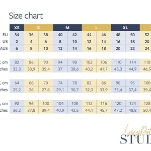 May include: Size chart for clothing in US, UK/AUS, and EU sizes. Measurements are listed in inches and centimeters for bust, waist, and hips.
