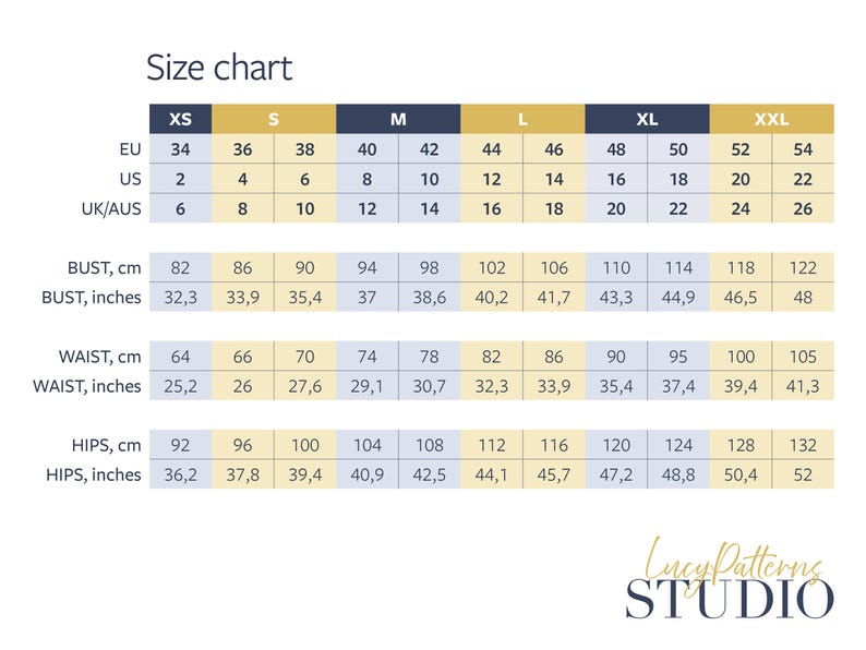 May include: Size chart for clothing in US, UK/AUS, and EU sizes. Measurements are listed in inches and centimeters for bust, waist, and hips.