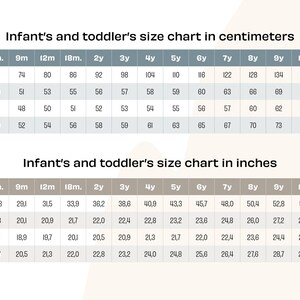 Puede incluir: Una tabla de tallas para beb&eacute;s y ni&ntilde;os peque&ntilde;os, que muestra las medidas en cent&iacute;metros y pulgadas para diferentes edades, de 6 meses a 11 a&ntilde;os. La tabla incluye medidas de altura, pecho, cintura y caderas.