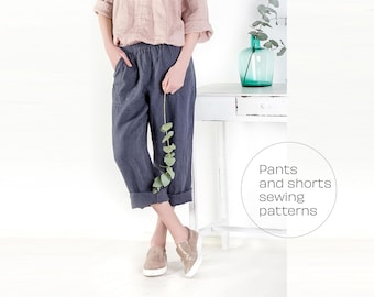 Pants and shorts sewing pattern PDF file, Loose fit pants sewing pattern with pockets, Cropped pants PDF, Loose pants sewing pattern