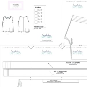 May include: A sewing pattern for a sleeveless top called "Top Natalie". The pattern includes instructions for sizes 38 to 46. The pattern is printed on A4/Letter size paper.