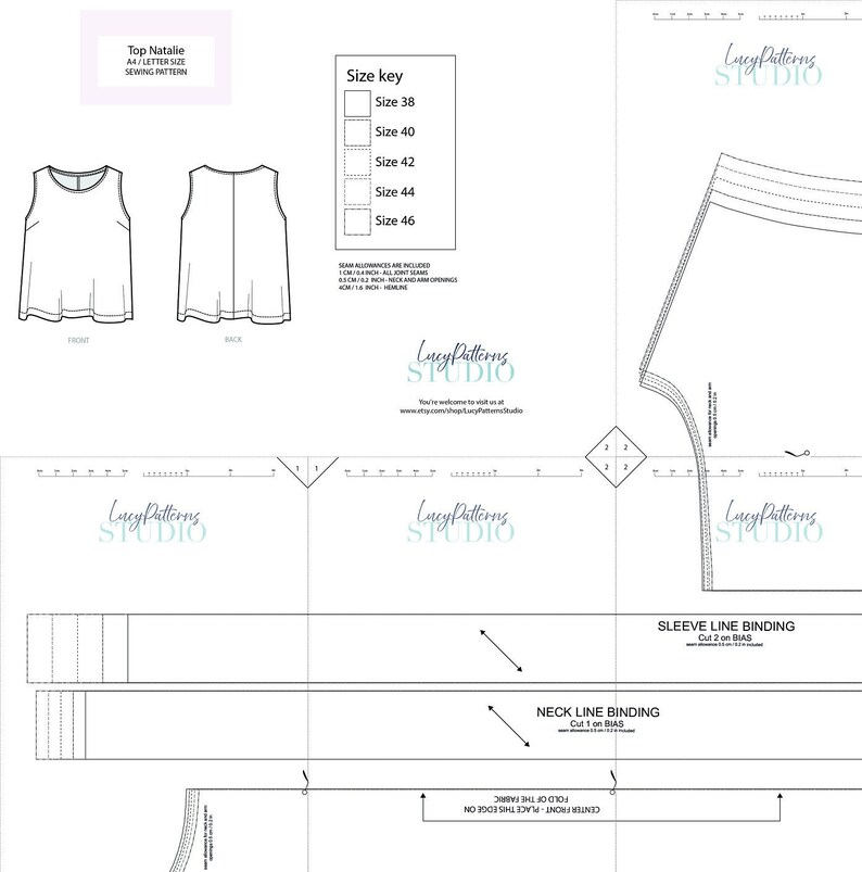 May include: A sewing pattern for a sleeveless top called "Top Natalie". The pattern includes instructions for sizes 38 to 46. The pattern is printed on A4/Letter size paper.