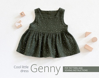 Patrón de vestido de niña, Patrón de vestido Genny, Patrón de costura de vestido tipo bata para niña pequeña, Patrón de vestido de verano de 3 m a 6 años