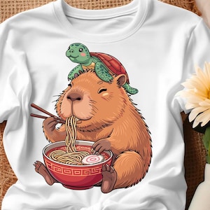 Adorable Capybara and Turtle Kawaii Art Ramen & Bubble Tea PNG - Cute Animal Digital Illustration  Whimsical Girl Backpack Design Download