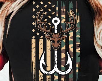 Hunting & Fishing Faith PNG – Deer Antlers Cross Hook Sublimation – Camouflage Flag Christian Outdoors  – Rustic Clipart for Shirts Gifts