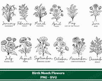 May include: Black and white line art of twelve different floral bouquets, each representing a birth month. The months are labeled with their corresponding flowers, such as January's snowdrop and June's rose. The text "Birth Month Flowers" is at the bottom.