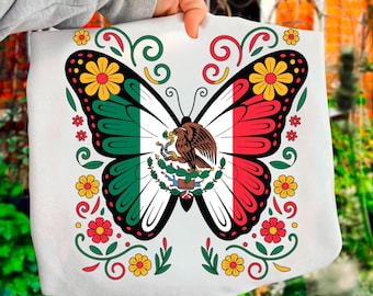 Mexican Flag Butterfly Sublimation PNG – Patriotic Floral Design for Shirts, Chicana Mexicana Digital Art, Mexico Heritage Download