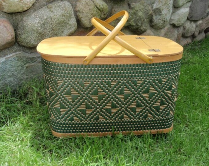 Vintage Green Picnic Basket Etsy