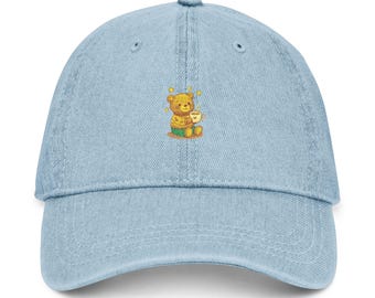 Teddy Bear Denim Hat | Embroidered Cute Bear Baseball Cap - Embroidered Teddy Bear Dad Hat - Cute Heart Bear Baseball Cap