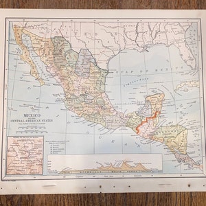 1892 México y los estados de América Central Mapa Atlas antiguo Geografía completa de Butler