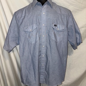 Vintage Wrangler Shirt Herren Pearl Snap Blau Taschen Western USA Größe 17.5