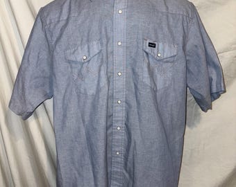Vintage Wrangler-skjorta herr med pärltryck, blå fickor, västerländskt USA, storlek 17,5