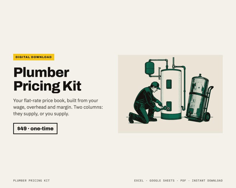 May include: A digital download titled Plumber Pricing Kit featuring text describing a flat-rate price book. An illustration shows a person in dark clothing kneeling to repair a large water heater next to a tall metal tank on a hand truck.