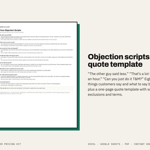 May include: A digital document titled Price-Objection Scripts featuring eight common customer responses and suggested replies for plumbing professionals. The text includes a one-page quote template with sections for scope, exclusions, and terms.
