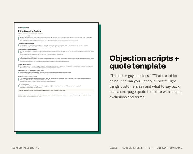 May include: A digital document titled Price-Objection Scripts featuring eight common customer responses and suggested replies for plumbing professionals. The text includes a one-page quote template with sections for scope, exclusions, and terms.