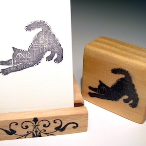 Hand Carved Rubber Stamp, Stretching Black Kitten