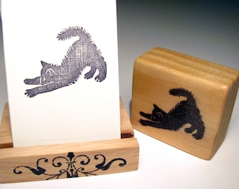 Hand Carved Rubber Stamp, Stretching Black Kitten