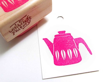 Hand Carved Rubber Stamp, Vintage Kettle