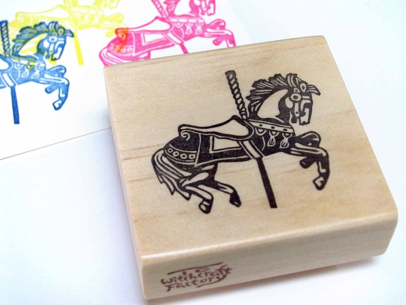 Hand Carved Rubber Stamp, Merry-Go-Round Carousel image 2