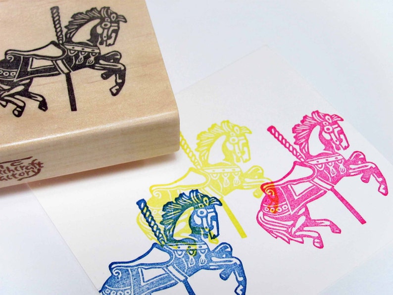 Hand Carved Rubber Stamp, Merry-Go-Round Carousel image 3