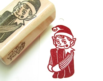 Elf Hand Carved Stamp, Red-Cheeked Knee Hugger Elf, Christmas Stamp