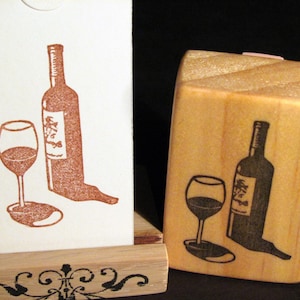 Wine Bottle and Glass, Hand Carved Stamp