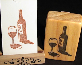 Wine Bottle and Glass, Hand Carved Stamp