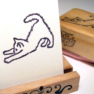 Hand Carved Rubber Stamp, Stretching Kitten