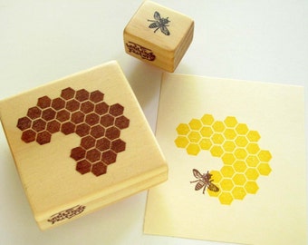 Hand Carved Rubber Stamp, Honeycomb and Honeybee set of 2