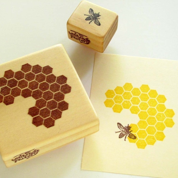 Hand Carved Rubber Stamp, Honeycomb and Honeybee set of 2