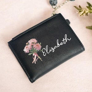 Cartera de cuero personalizada para mujer, cartera personalizada con nombre y flor de nacimiento, cartera de cuero PU, cartera para mujer, regalos para mamá, regalos para ella